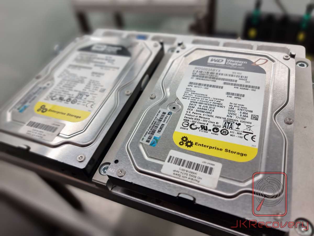 Dwa dyski twarde Western Digital 500GB Enterprise Storage w uchwycie serwisowym w laboratorium odzysku danych JKRecovery