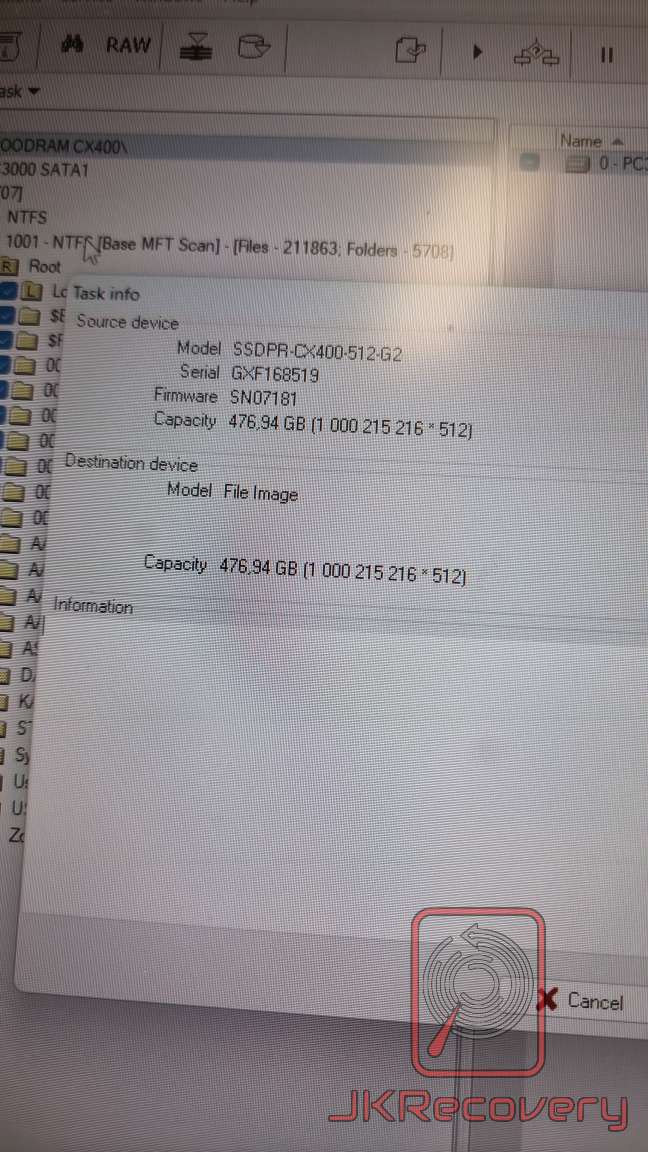 Ekran oprogramowania PC3000 pokazujący informacje o zadaniu odzysku danych z dysku SSD GOODRAM CX400 (model SSDPR-CX400-512-G2, numer seryjny GXF168519, firmware SN07181) o pojemności 476,94 GB. Urządzenie docelowe to obraz plikowy o tej samej pojemności.
