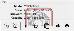Zrzut ekranu z oprogramowania diagnostycznego pokazujący informacje o urządzeniu flash: model YS9086BB-1, numer seryjny częściowo zasłonięty, firmware 9086BB01, pojemność 2 GB (4 194 304 sektorów).